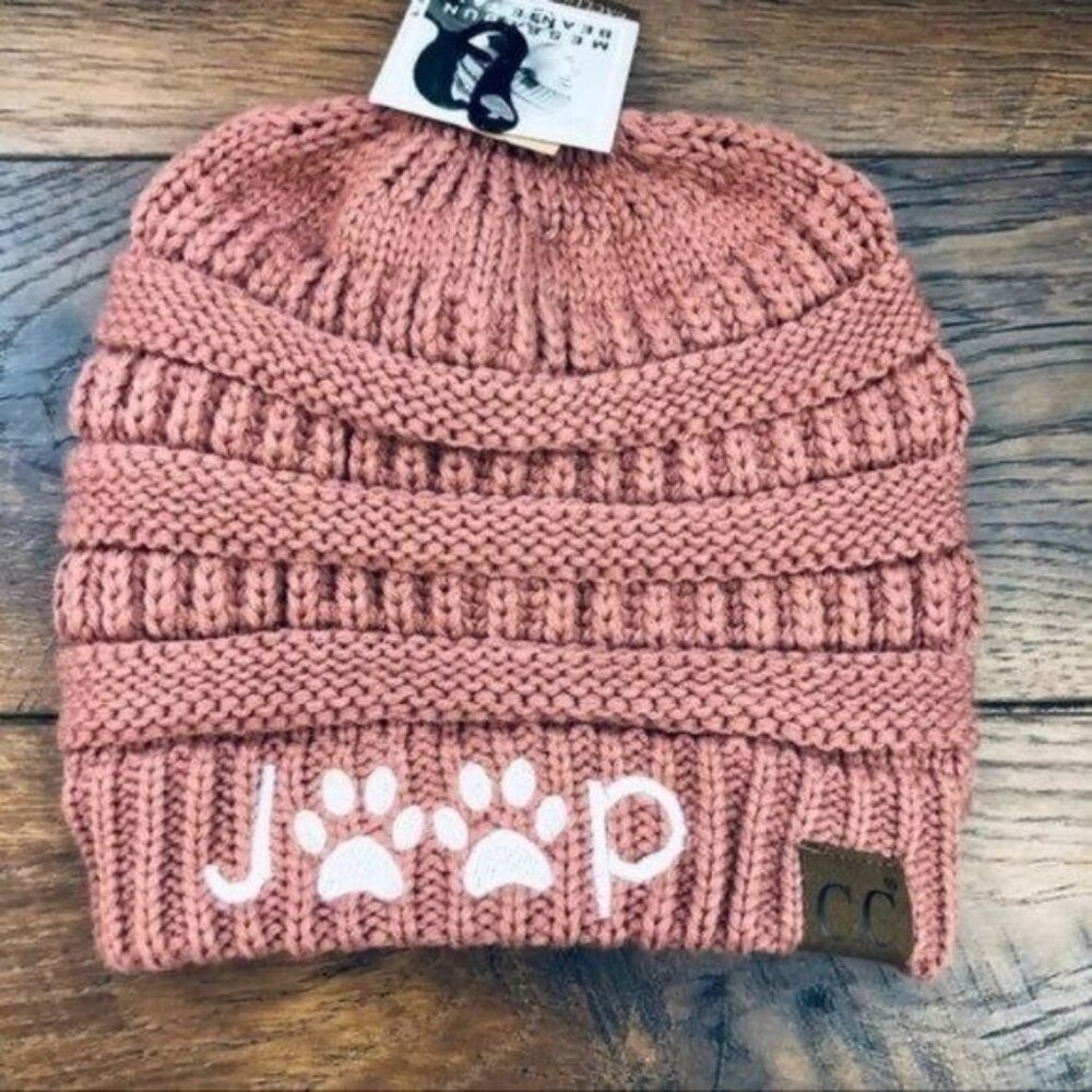 Jeep Paw Print Pony Tail Messy Bun Beanie - Mauve